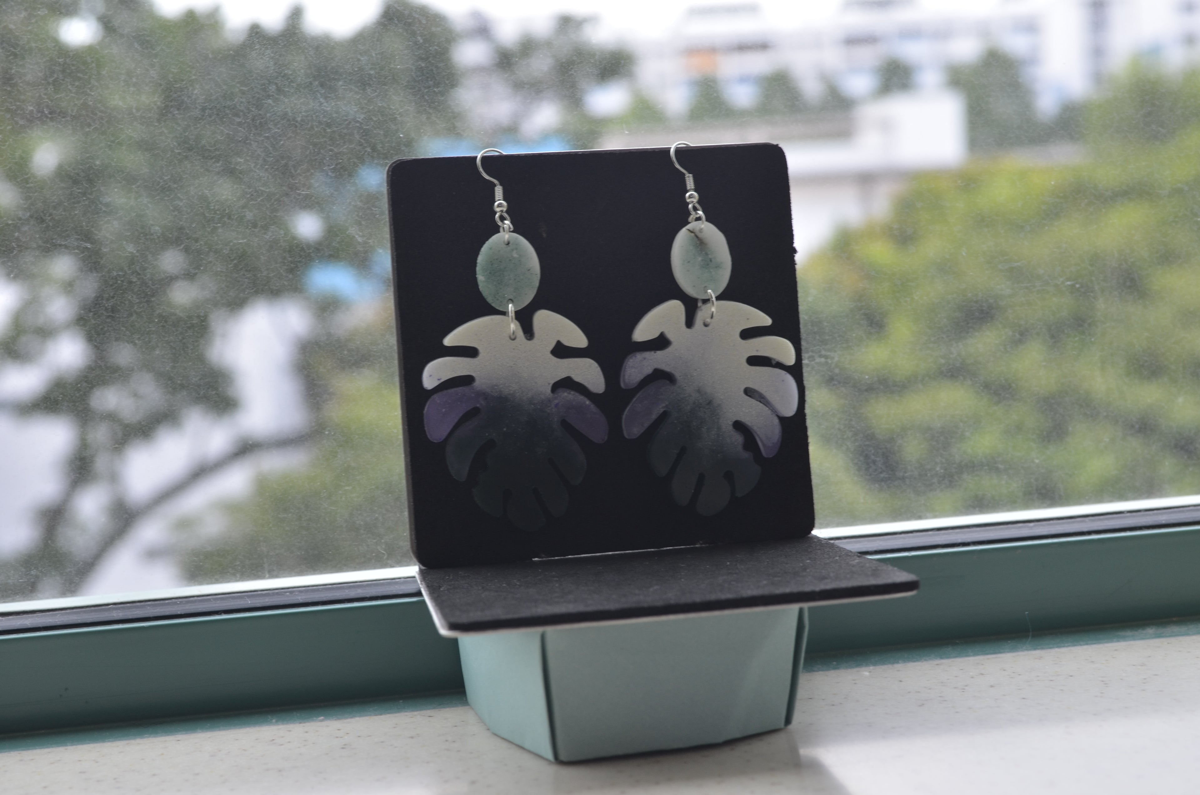 Dark Green, Lavender & White Monstera Leaf Earrings